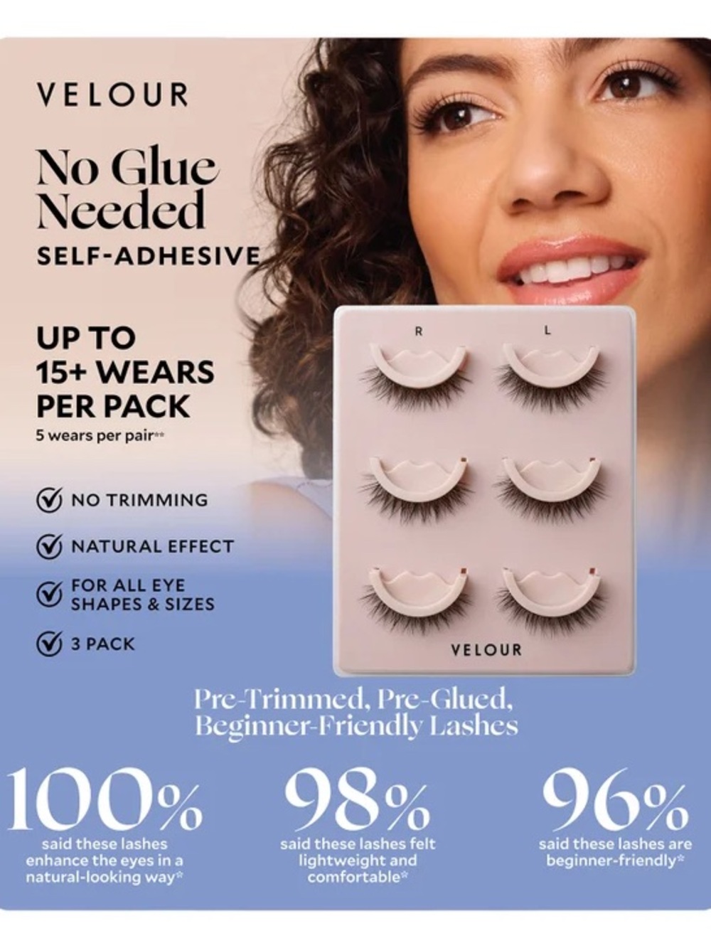 Velour No Glue Needed Self-Adhesive Lashes – Natural Black (3 Pack) - NWT